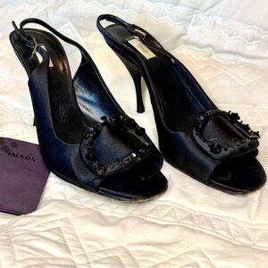 Prada Black Satin Slingback Heels Beaded Buckle Peep Toe Size 39 Y2K